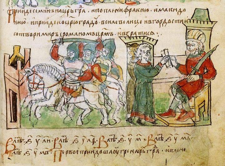 Byzantine Emperor Romanos I Lekapenos negotiating terms with Simeon I of Bulgaria. Radziwill Chronicle (C.15th)